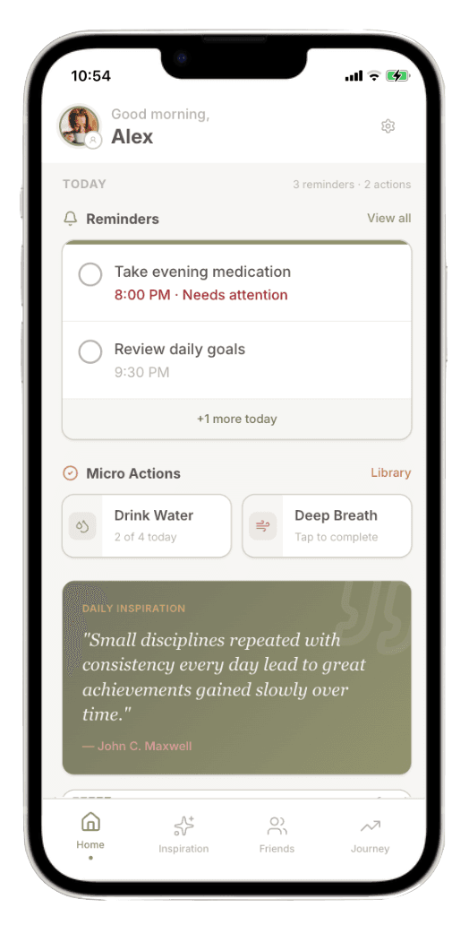 MindReminder dashboard showing today's reminders, Micro Habits, and Daily Inspiration